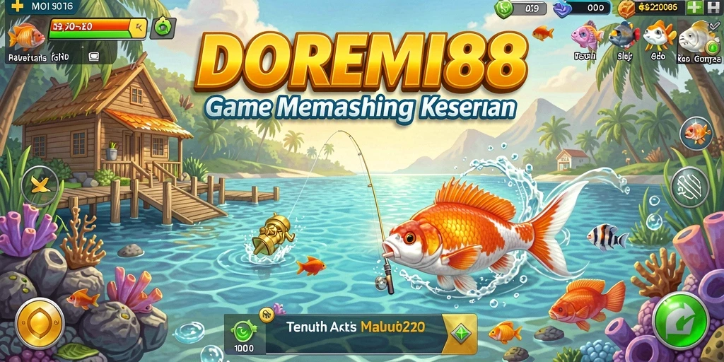Screenshot DOREMI88 menampilkan gameplay memancing seru di berbagai lokasi.