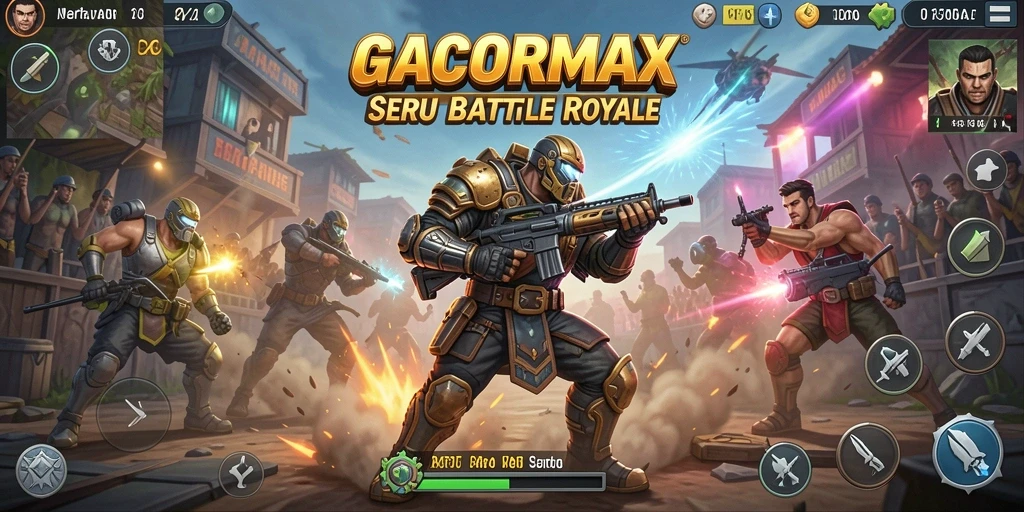 Tangkapan layar gameplay GACORMAX menampilkan aksi pertarungan Battle Royale yang seru.